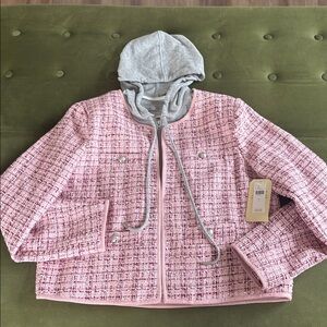 Anthropologie Pink Tweed Bomber Jacket with Gray Hood
